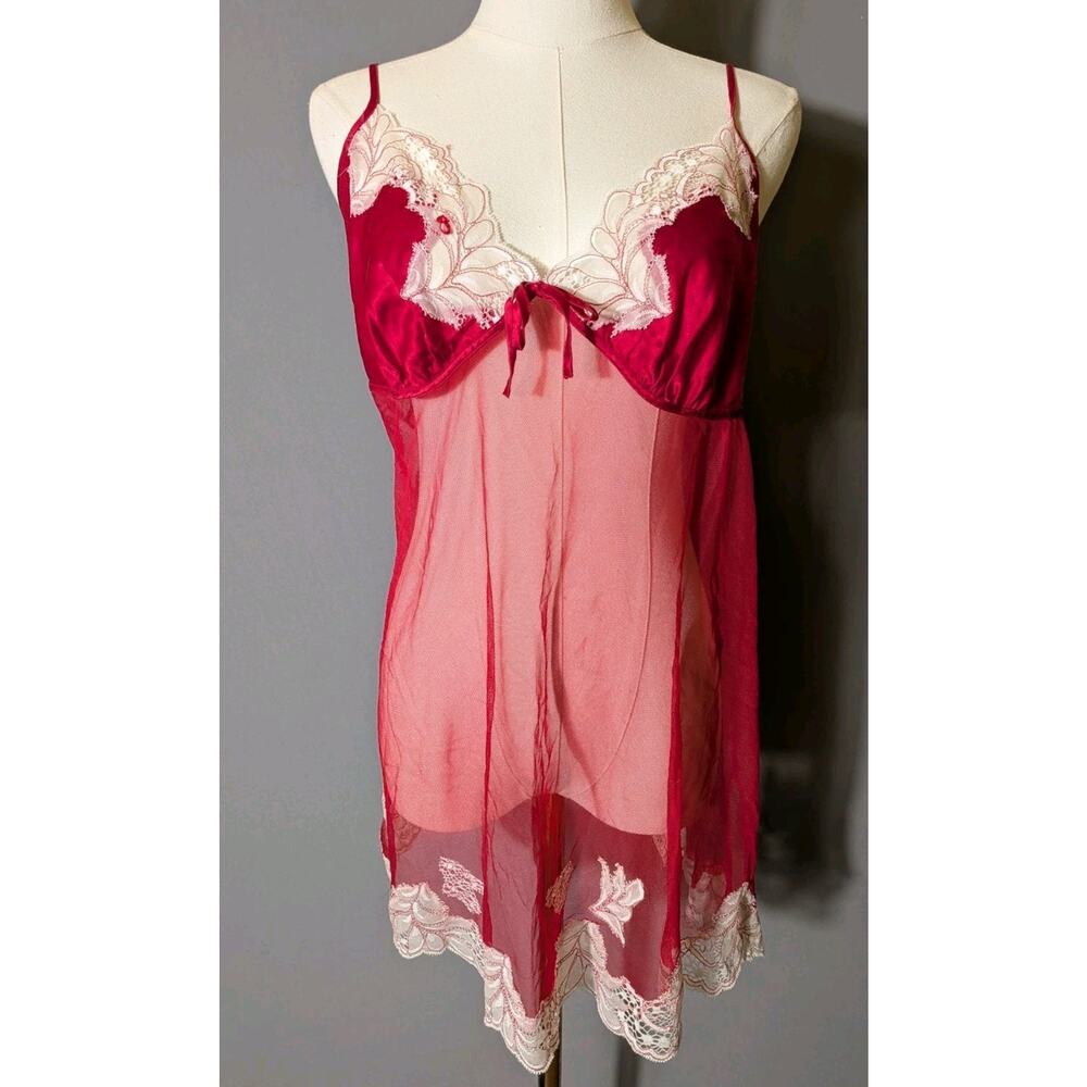 Victoria’s Secret Red Silk Mesh Y2K Babydoll Lingerie Boudoir Large Sheer Lace